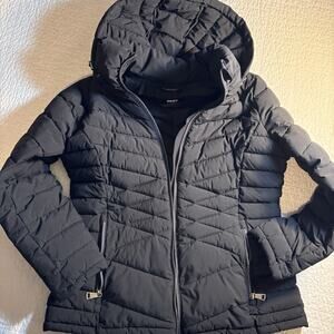 DKNY Women's Black Hooded Quilted Puffer Jacket - Size Large - VGC